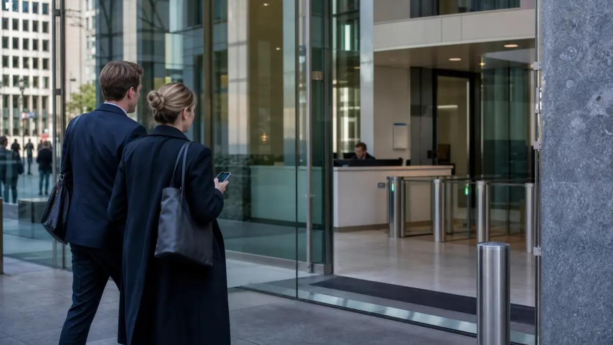 Anonyme Geschäftsleute betreten ein modernes Finanzaufsichtsgebäude in Brüssel