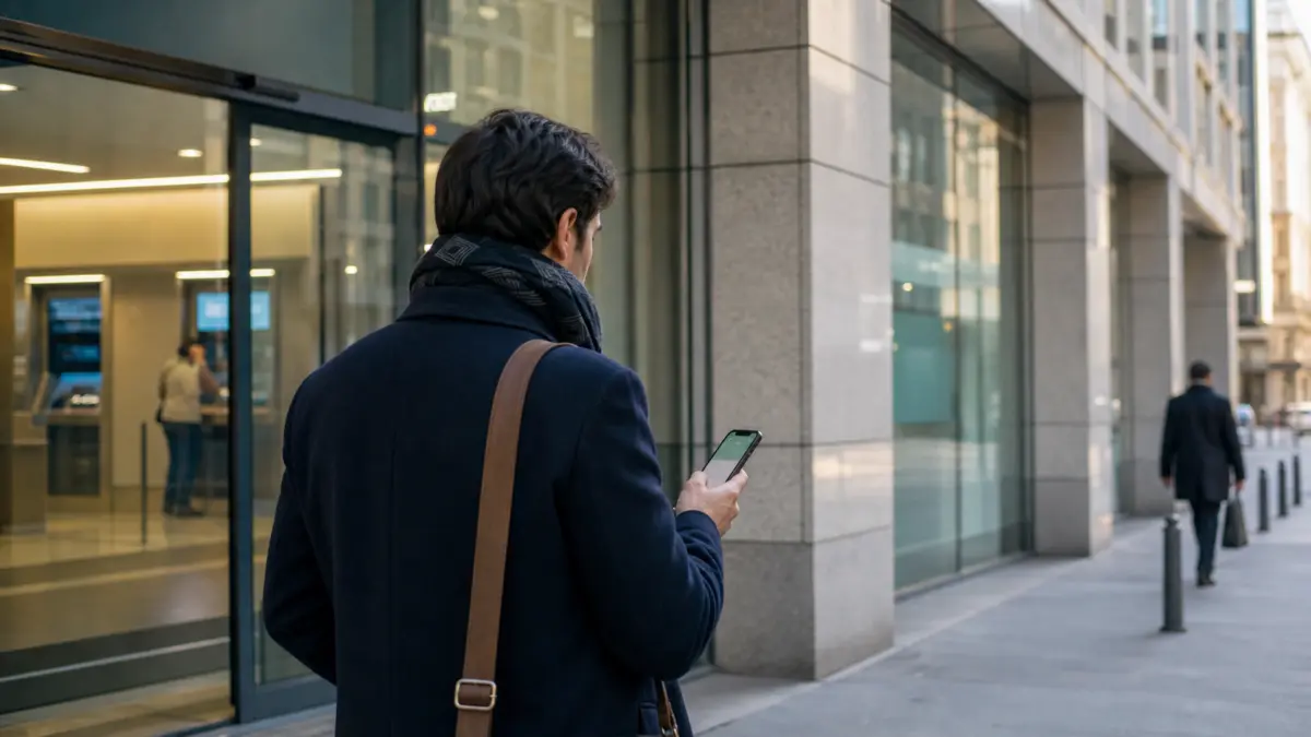 Anonymer Smartphone-Nutzer vor einer modernen Bankfiliale als Symbol fuer den Konflikt zwischen Banken und Stablecoins