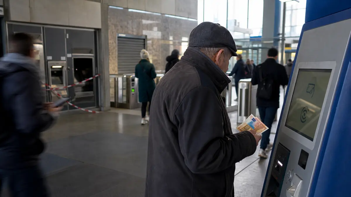 Älterer Fahrgast mit Geldscheinen vor einem digitalen Fahrkartenautomaten