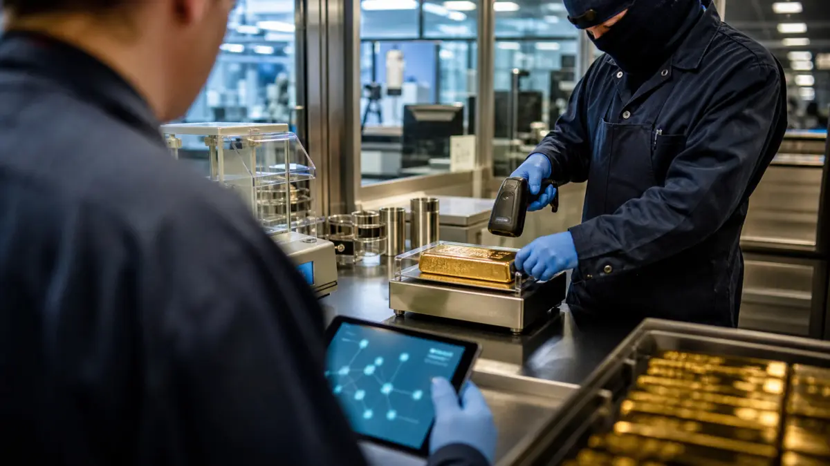 Mitarbeiter prüfen einen Goldbarren in einem modernen Edelmetalllabor