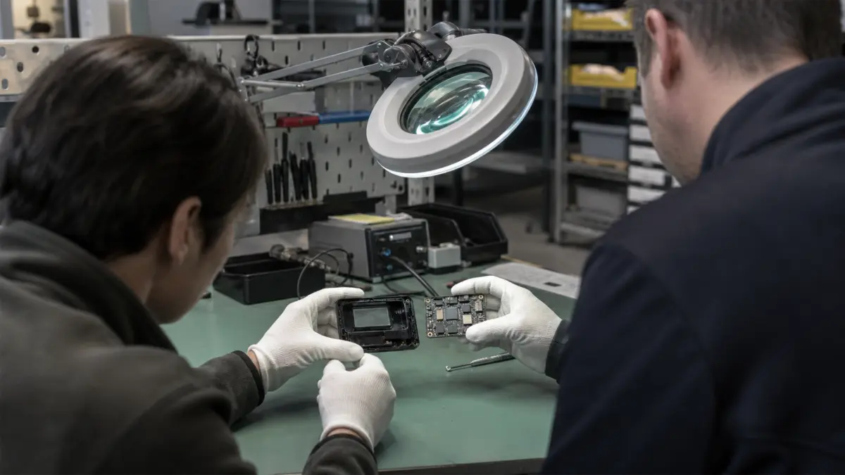 Anonyme Techniker pruefen ein geoeffnetes Hardware-Wallet in einem Elektroniklabor als KI-Symbolbild fuer Bitcoin-Sicherheitsrisiken.