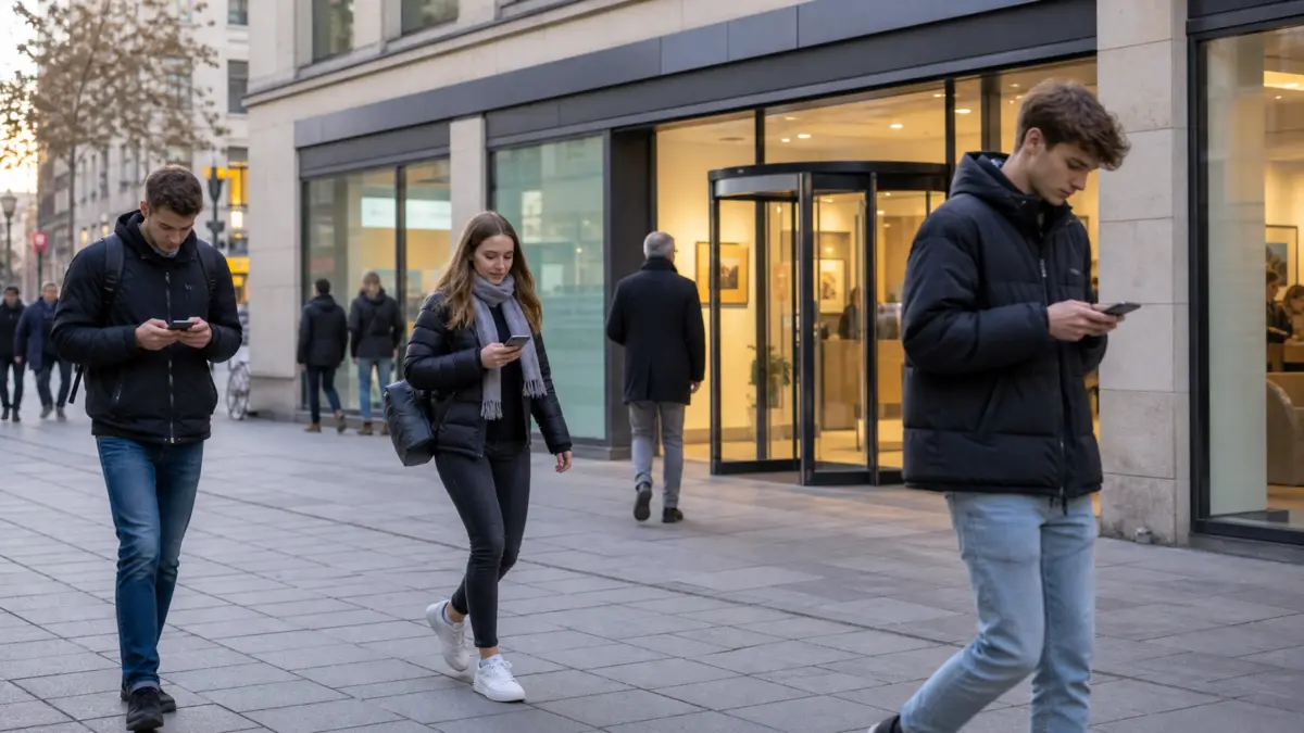 Junge Erwachsene gehen an einer Bankfiliale vorbei und nutzen Smartphones