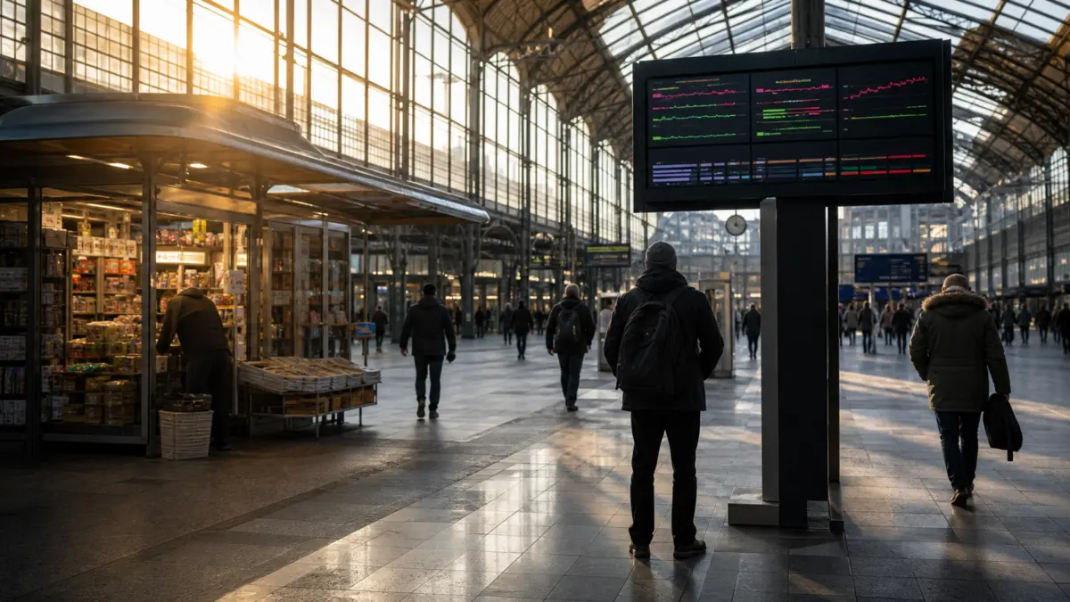 Pendler beobachten am Montagmorgen eine digitale Kurstafel in einer Bahnhofshalle