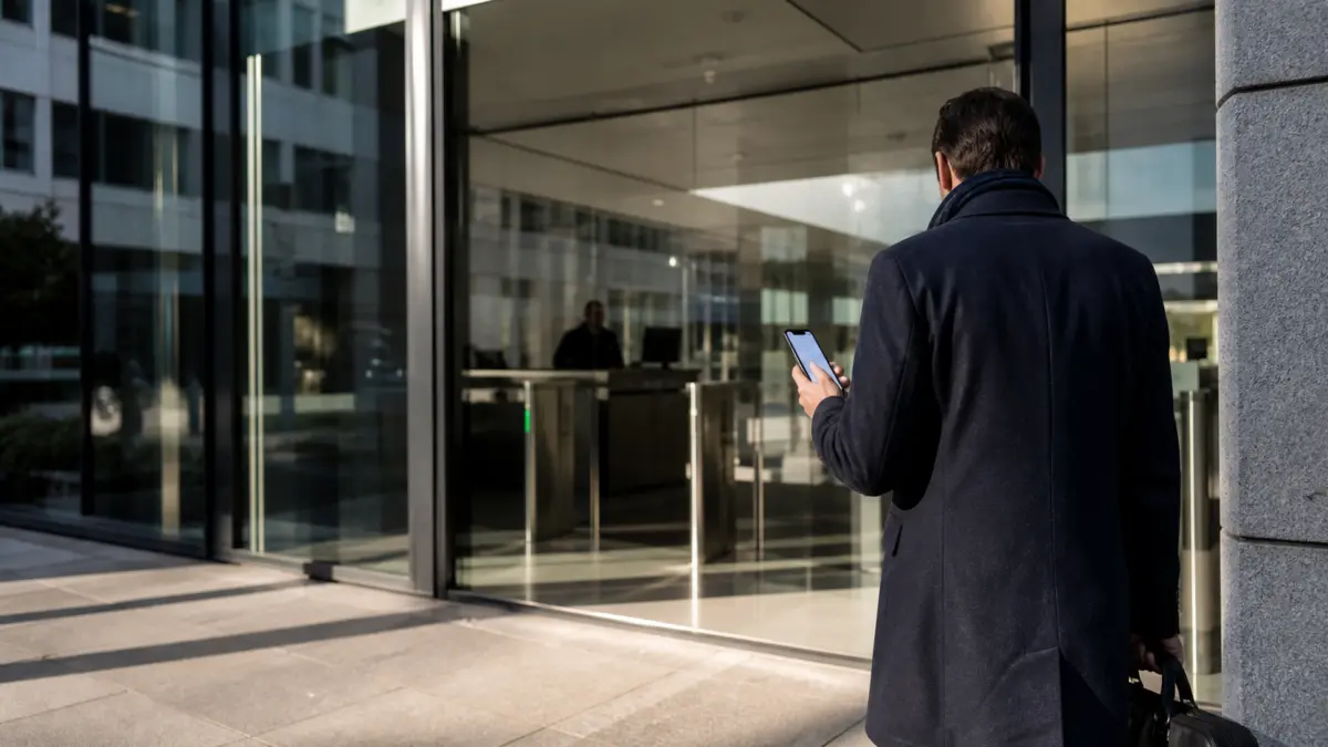 Anonymer Smartphone-Nutzer betritt ein europäisches Finanzaufsichtsgebäude