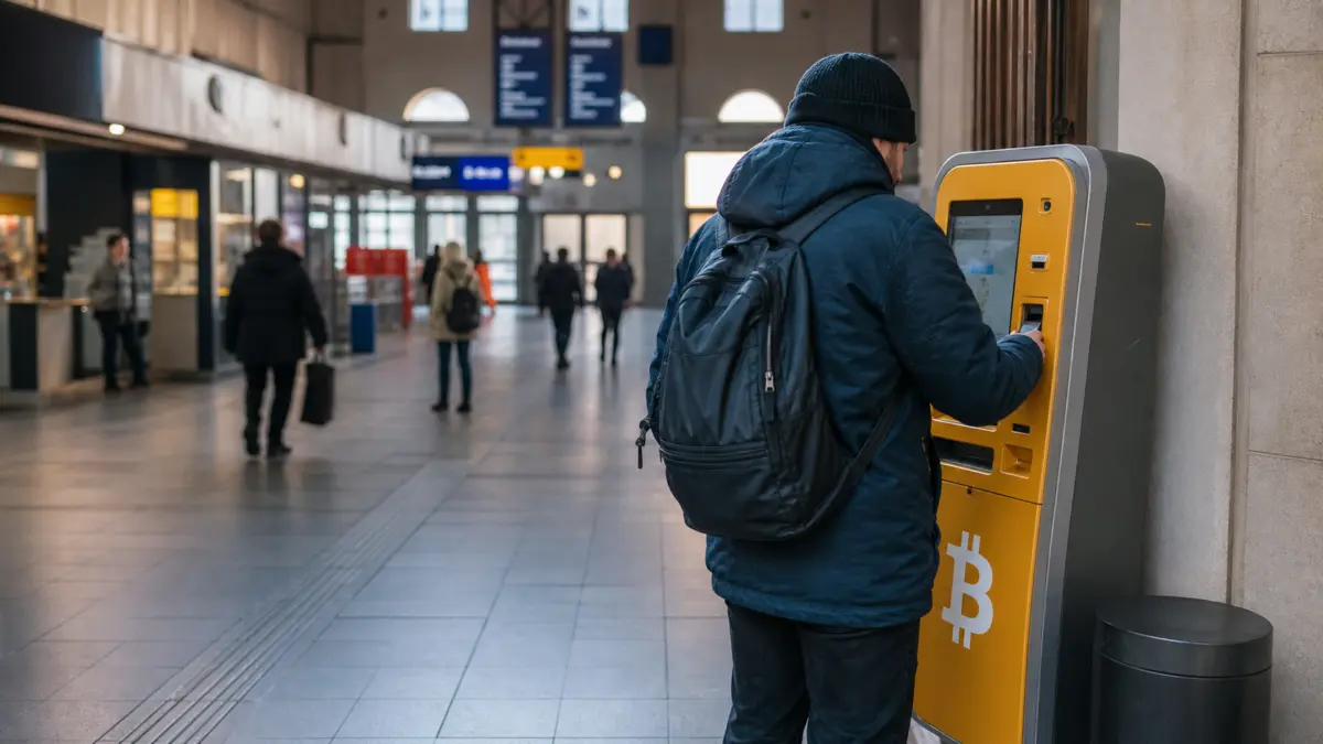 Anonyme Person nutzt einen Krypto-Automaten in einem Bahnhof als journalistisches Motiv zur Bitcoin-Marktanalyse