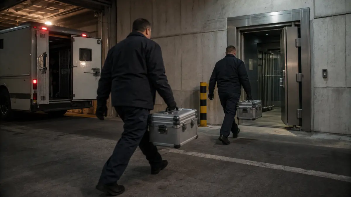 Anonyme Sicherheitsmitarbeiter bringen Geldtransportkoffer in einen Tresorbereich