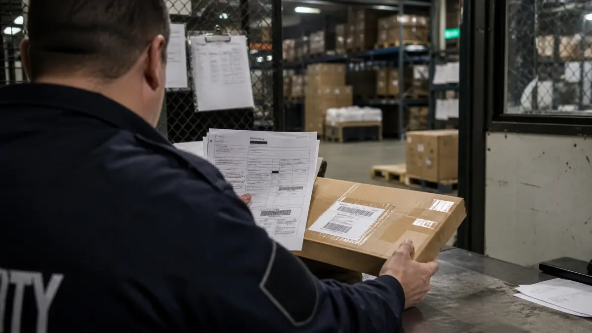 Logistikmitarbeiter prüft ein Paket in einem Versandlager nach einem Datensicherheitsvorfall