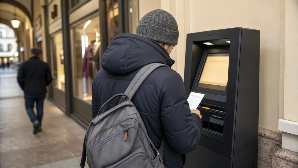 Anonymer Nutzer prüft an einem Bitcoinautomaten einen Beleg als KI-Symbolbild für Wallet-Sicherheit und Schutz vor Krypto-Betrug.