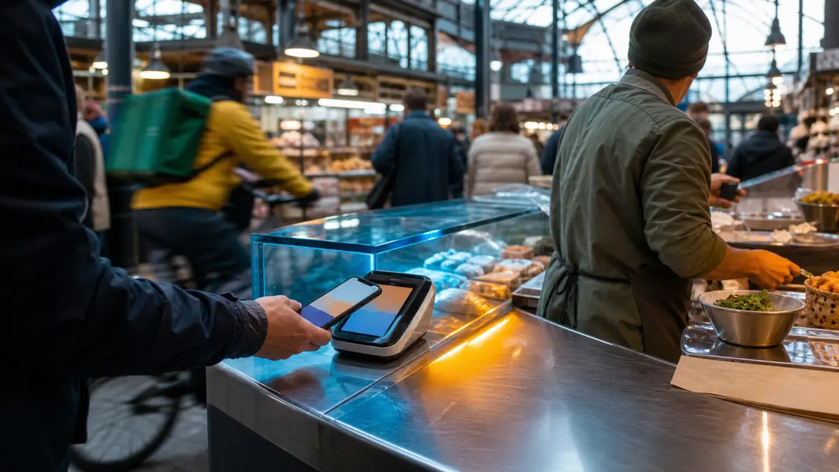 Anonymer Kunde bezahlt in einer belebten europäischen Markthalle kontaktlos mit dem Smartphone
