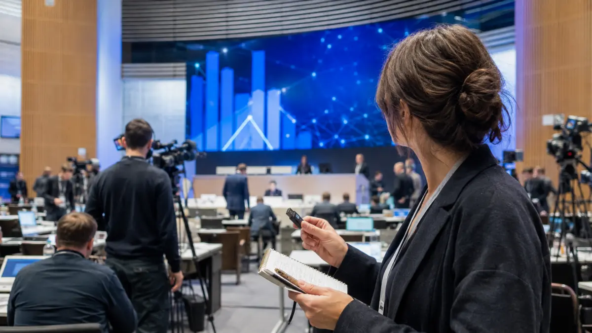 Reporterin mit Hardware-Wallet in einem Wahlabend-Pressezentrum
