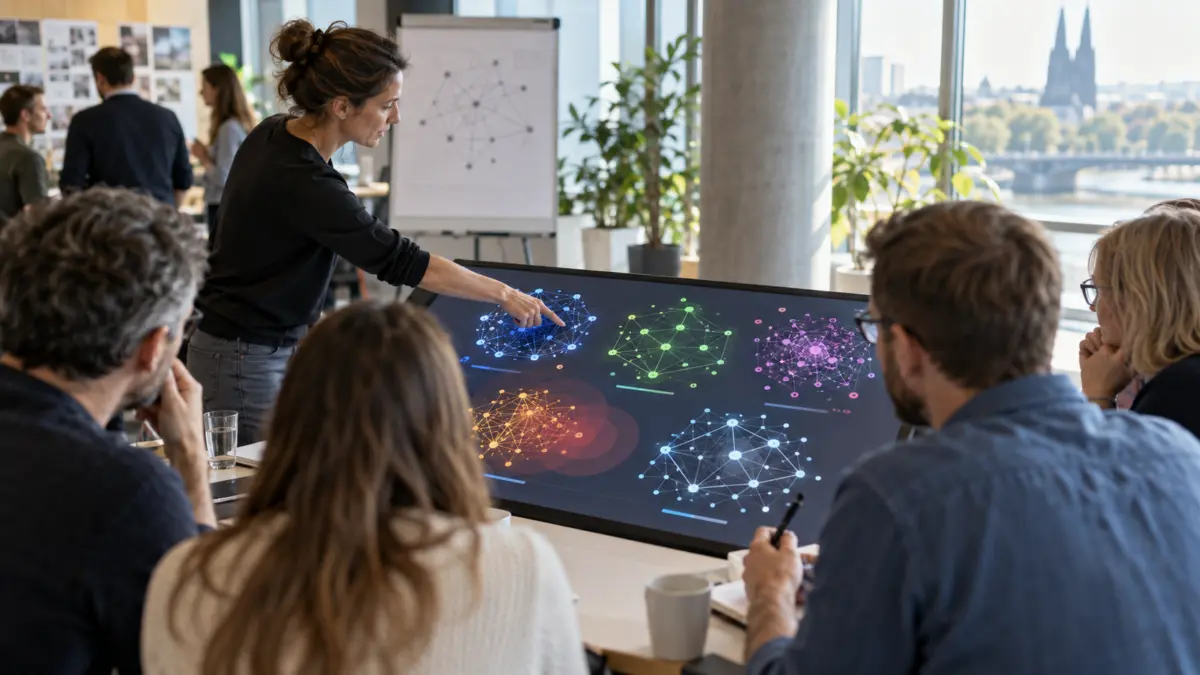 Teilnehmer vergleichen verschiedene Blockchain-Projekte an einem interaktiven Tisch