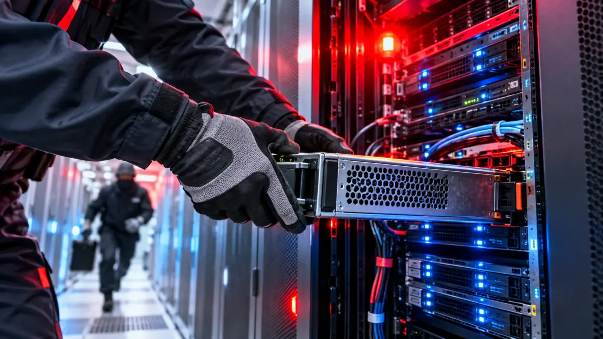 Sicherheitstechniker ziehen während eines Notfalls ein Servermodul aus einem Rack