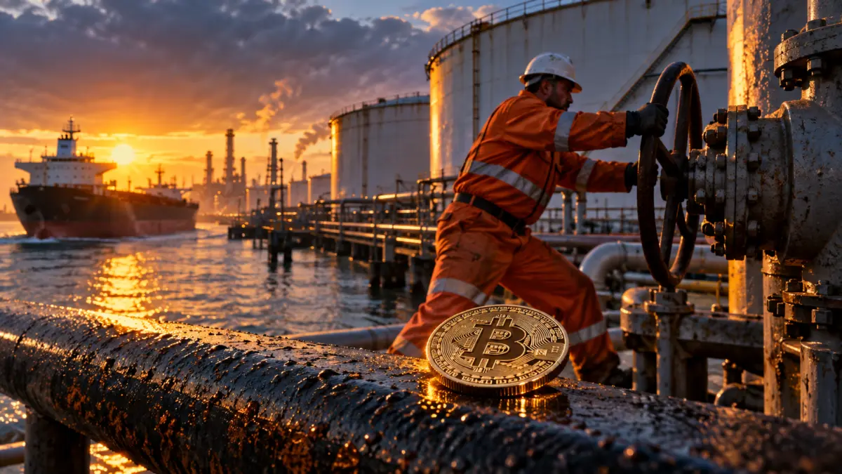 Arbeiter dreht an einem Ventil eines Ölterminals, im Vordergrund liegt eine Bitcoin-Münze