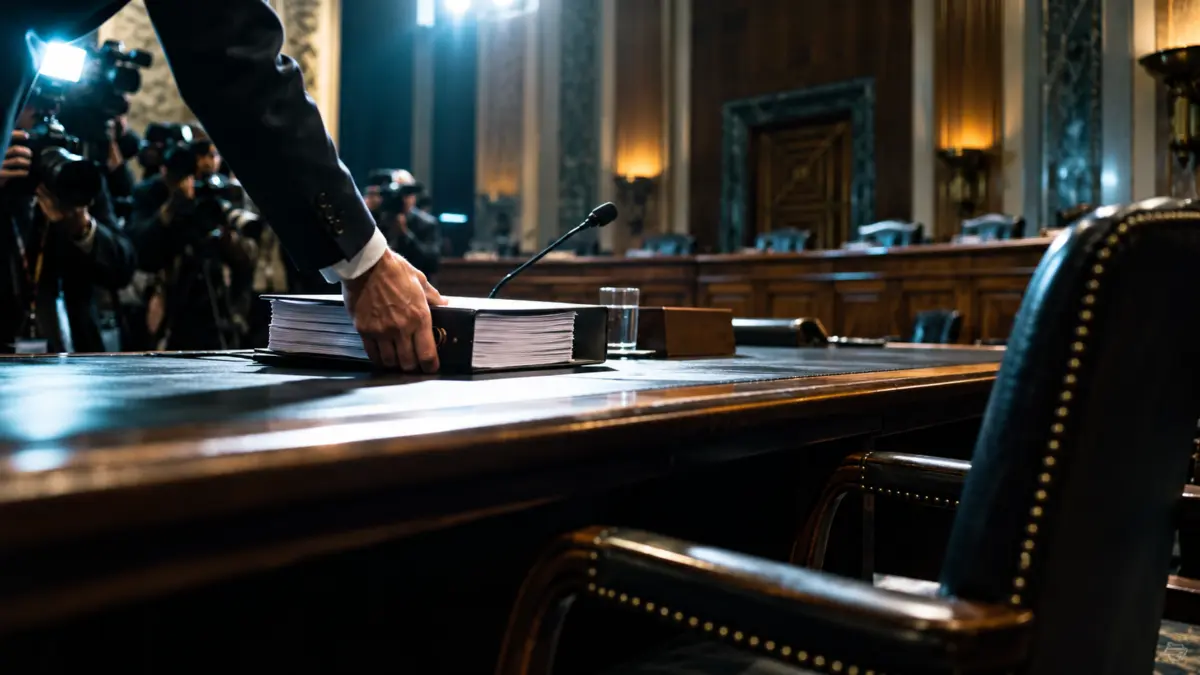 Mitarbeiter legt einen Untersuchungsbericht auf den Zeugentisch eines US-Senatsaals