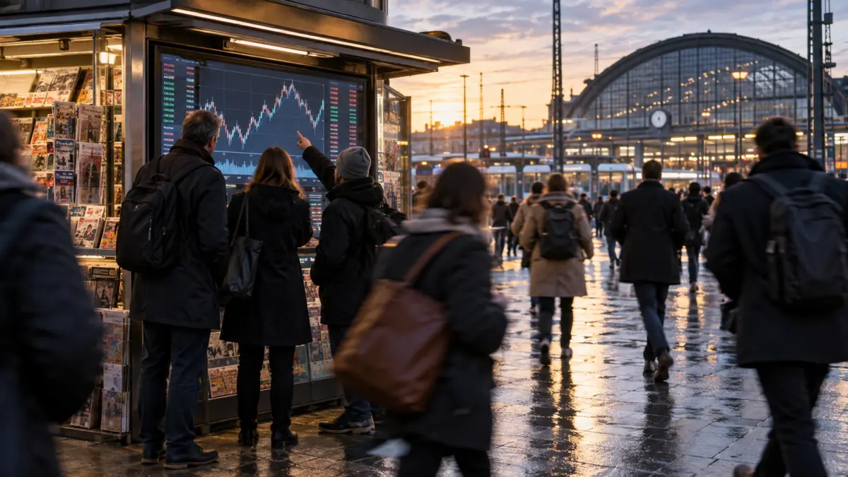 Pendler verfolgen am Morgen die Kursentwicklung an einem Nachrichtenkiosk