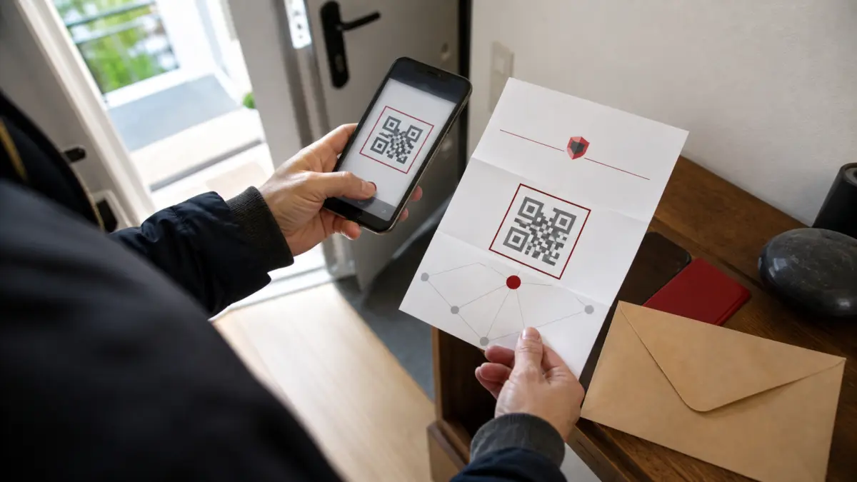 Person scannt einen verdächtigen QR-Code aus einem angeblichen Wallet-Brief