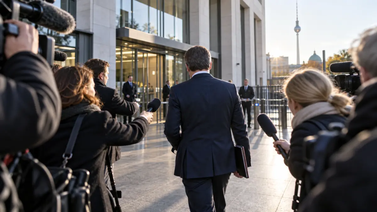 Reporter begleiten einen anonymen Regierungsvertreter vor einem Behördengebäude in Berlin
