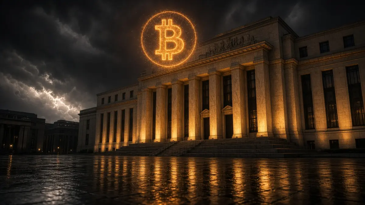 Neoklassisches Bankengebäude bei Nacht, darüber schwebt ein orangefarbenes Bitcoin-Symbol im Sturm
