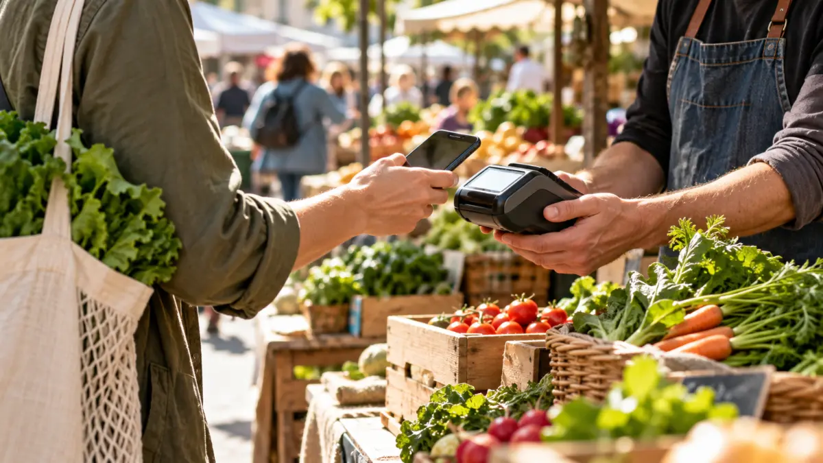 Kunde bezahlt auf einem belebten Wochenmarkt mit dem Smartphone