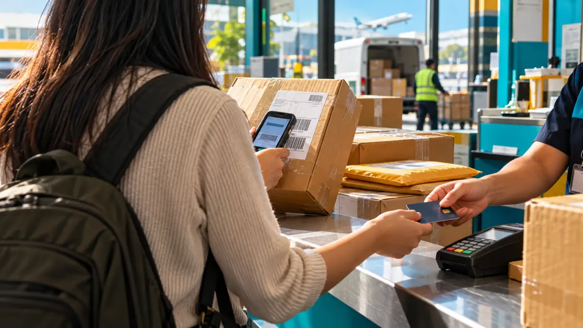 Eine versiegelte Sendung wird an einem Serviceschalter übergeben