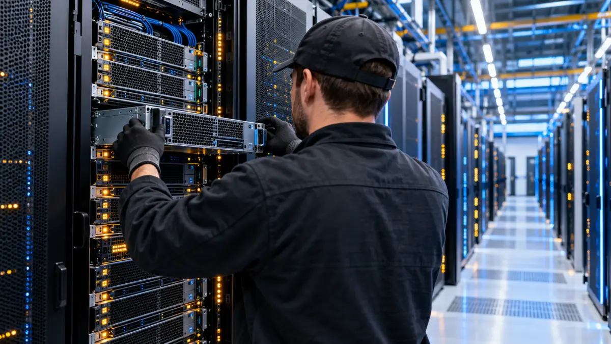 Techniker kontrolliert von hinten einen beleuchteten Serverschrank im Rechenzentrum