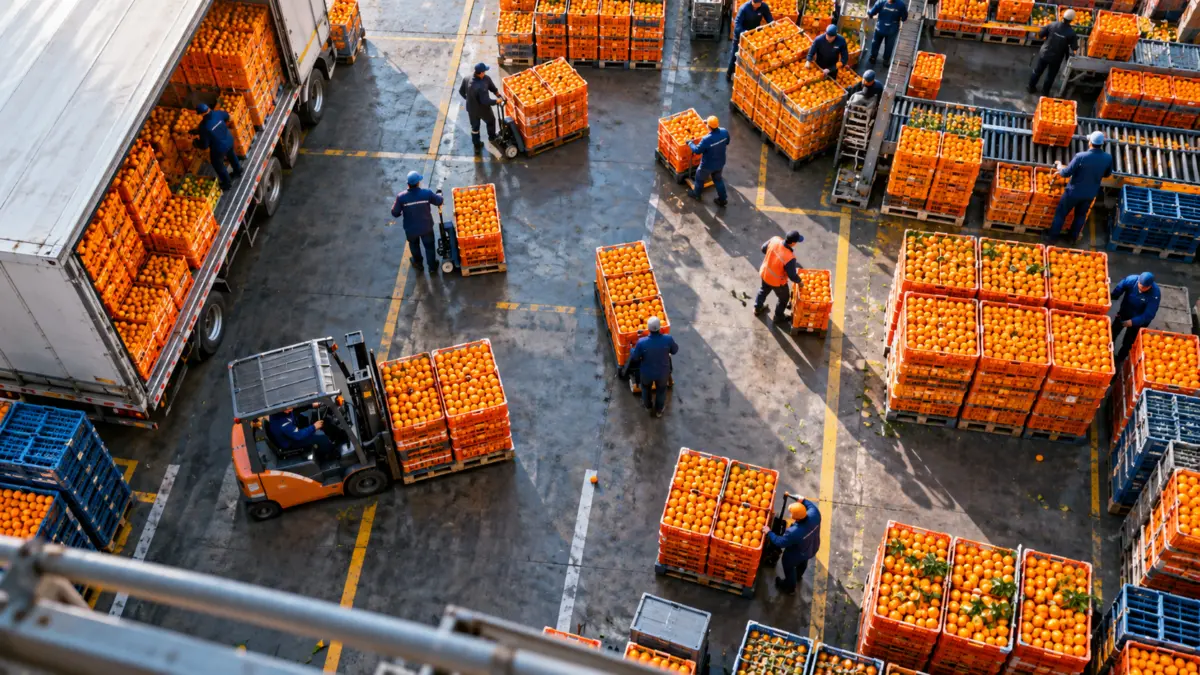 Blick von oben auf unterschiedlich große Mengen Orangenkisten auf einem Großmarkt