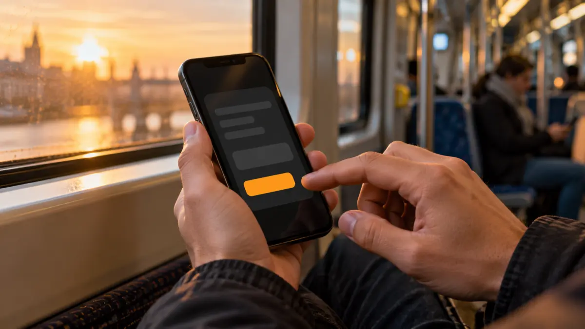 Fahrgast bestätigt auf dem Smartphone eine digitale Anfrage während einer Zugfahrt