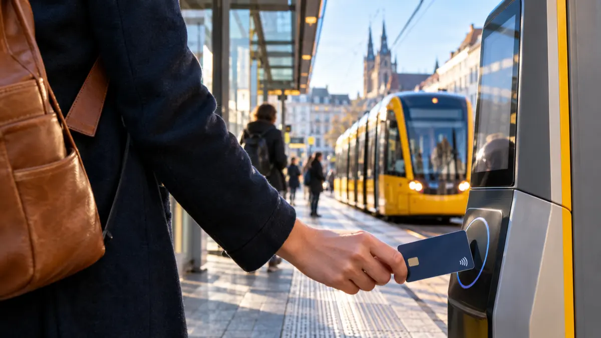 Fahrgast hält eine Bankkarte an ein kontaktloses Bezahlterminal an einer Straßenbahnhaltestelle