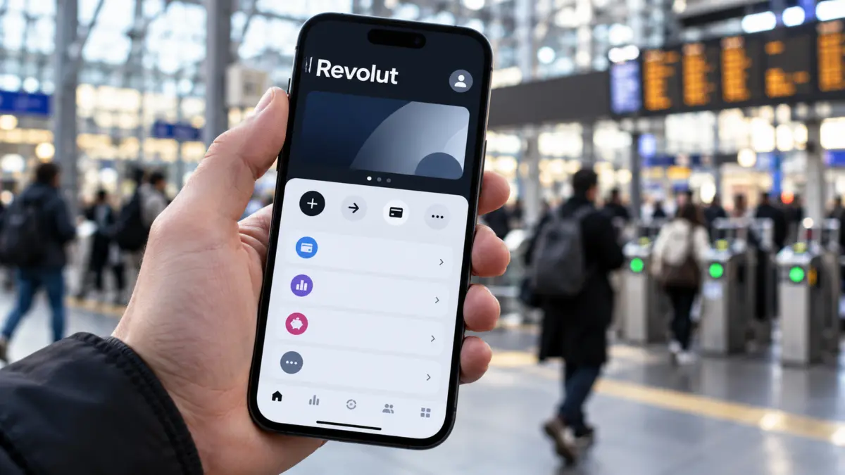 Hand hält am Bahnhof ein Smartphone mit geöffneter, symbolisch nachgestellter Revolut-App