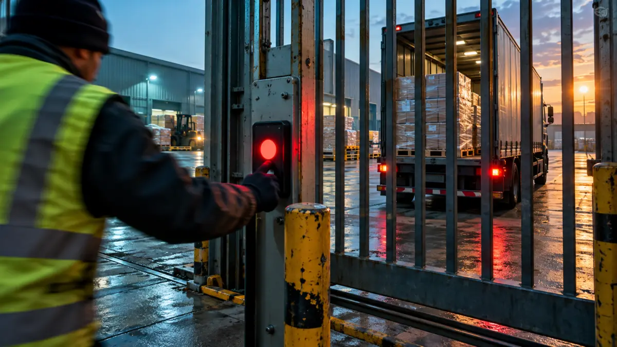 Mitarbeiter steht vor geschlossenem Zugang zu einem beladenen Lieferwagen