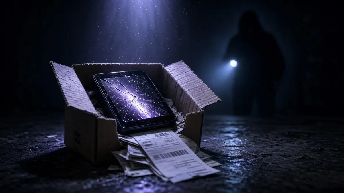 Geöffneter Versandkarton mit einem Hardware-Wallet mit gesprungenem Display und herausquellenden Adressetiketten, im Hintergrund eine dunkle Gestalt mit Taschenlampe