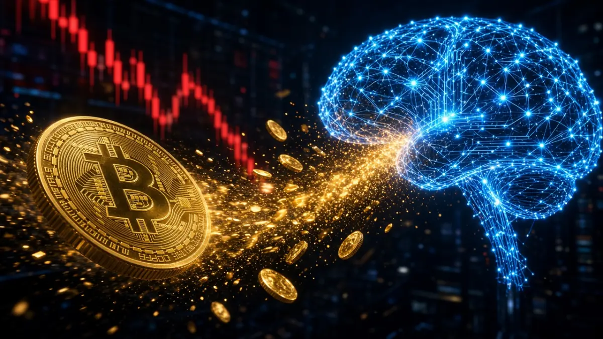 Goldene Bitcoin-Münze, deren Geld in ein leuchtendes KI-Gehirn strömt, dahinter ein fallender Kurschart