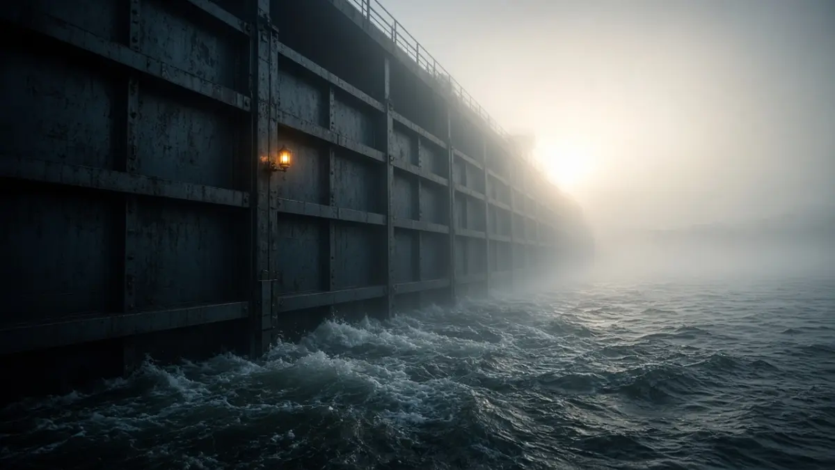 Massive geschlossene Stahltore eines Staudamms, gegen die im dichten Morgennebel aufgewühltes Wasser drückt, während eine einzelne Signallampe leuchtet.